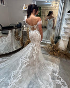 Vestido de Noiva Sexy Comprido até ao Chão com Decote Coração, Ombros Descobertos, Sem Mangas, Estilo Sereia em Renda