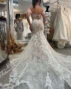 Vestido de Noiva Sexy Comprido até ao Chão com Decote Coração, Ombros Descobertos, Sem Mangas, Estilo Sereia em Renda