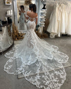 Vestido de Noiva Sexy Comprido até ao Chão com Decote Coração, Ombros Descobertos, Sem Mangas, Estilo Sereia em Renda