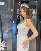 Vestido de Noiva Comprido até ao Chão, com Decote Coração, Alças Finas, Estilo Sereia, em Renda, com Cauda de Corte Real