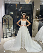 Vestido de Noiva Comprido até ao Chão, com Decote Coração, Alças Finas, Estilo Sereia, em Renda, com Cauda de Corte Real