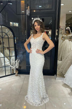 Vestido de Noiva Comprido até ao Chão, com Decote Coração, Alças Finas, Estilo Sereia, em Renda, com Cauda de Corte Real