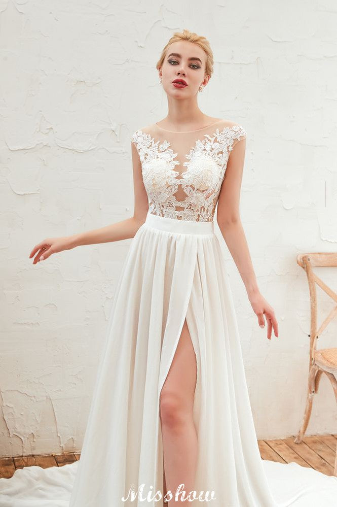 Robe de mariée sexy à fente haute avec manches courtes, dos transparent, dentelle ivoire