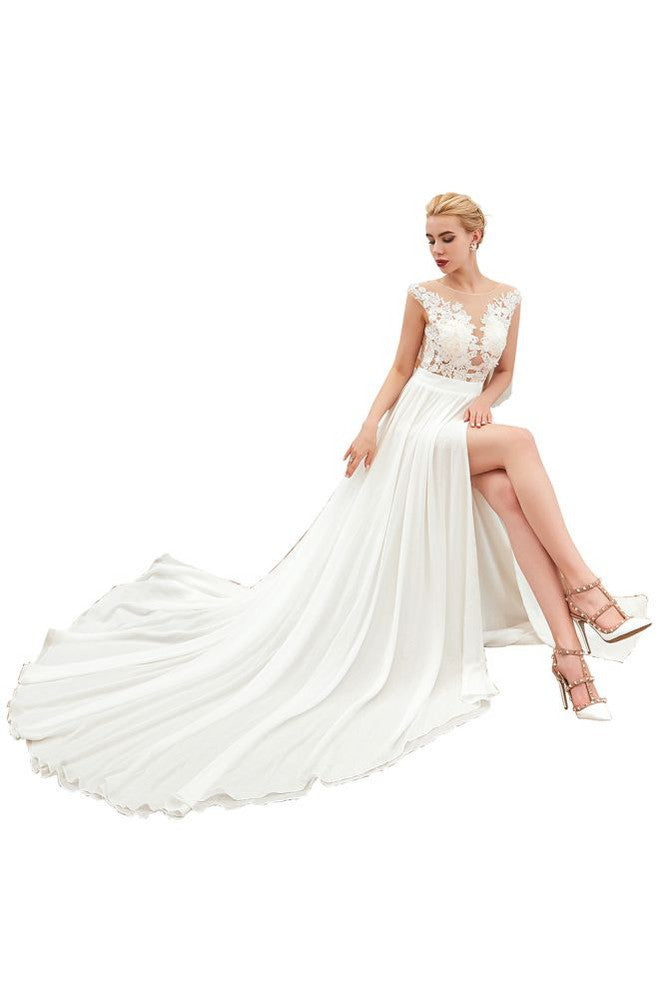 Robe de mariée sexy à fente haute avec manches courtes, dos transparent, dentelle ivoire