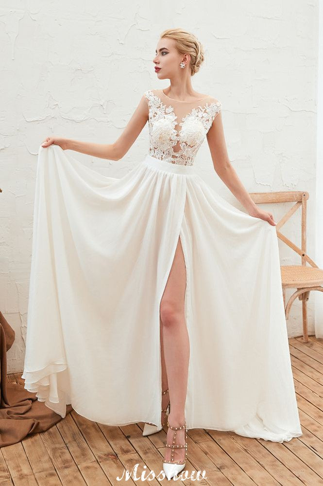 Robe de mariée sexy à fente haute avec manches courtes, dos transparent, dentelle ivoire