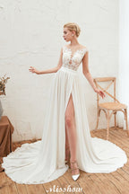 Robe de mariée sexy à fente haute avec manches courtes, dos transparent, dentelle ivoire