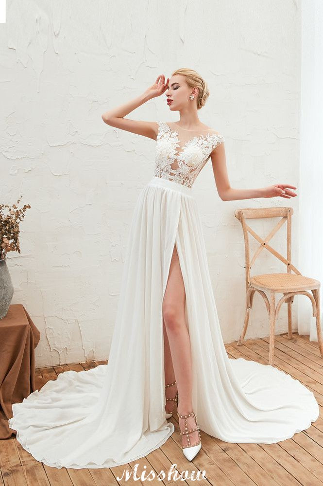Robe de mariée sexy à fente haute avec manches courtes, dos transparent, dentelle ivoire