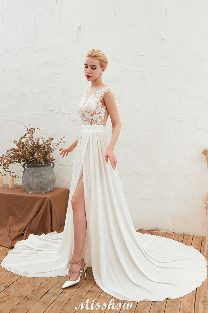 Robe de mariée sexy à fente haute avec manches courtes, dos transparent, dentelle ivoire