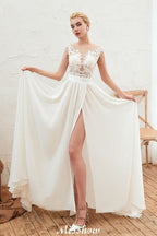 Robe de mariée sexy à fente haute avec manches courtes, dos transparent, dentelle ivoire