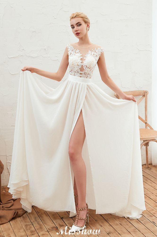 Robe de mariée sexy à fente haute avec manches courtes, dos transparent, dentelle ivoire