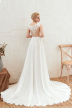 Robe de mariée sexy à fente haute avec manches courtes, dos transparent, dentelle ivoire
