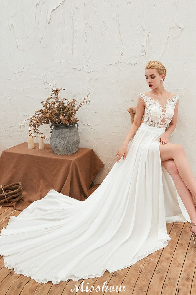 Robe de mariée sexy à fente haute avec manches courtes, dos transparent, dentelle ivoire