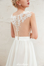 Robe de mariée sexy à fente haute avec manches courtes, dos transparent, dentelle ivoire