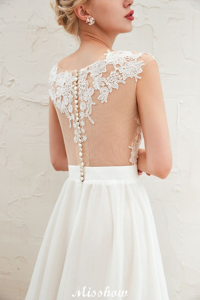 Robe de mariée sexy à fente haute avec manches courtes, dos transparent, dentelle ivoire