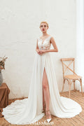 Robe de mariée sexy à fente haute avec manches courtes, dos transparent, dentelle ivoire