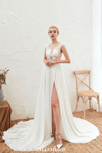 Robe de mariée sexy à fente haute avec manches courtes, dos transparent, dentelle ivoire