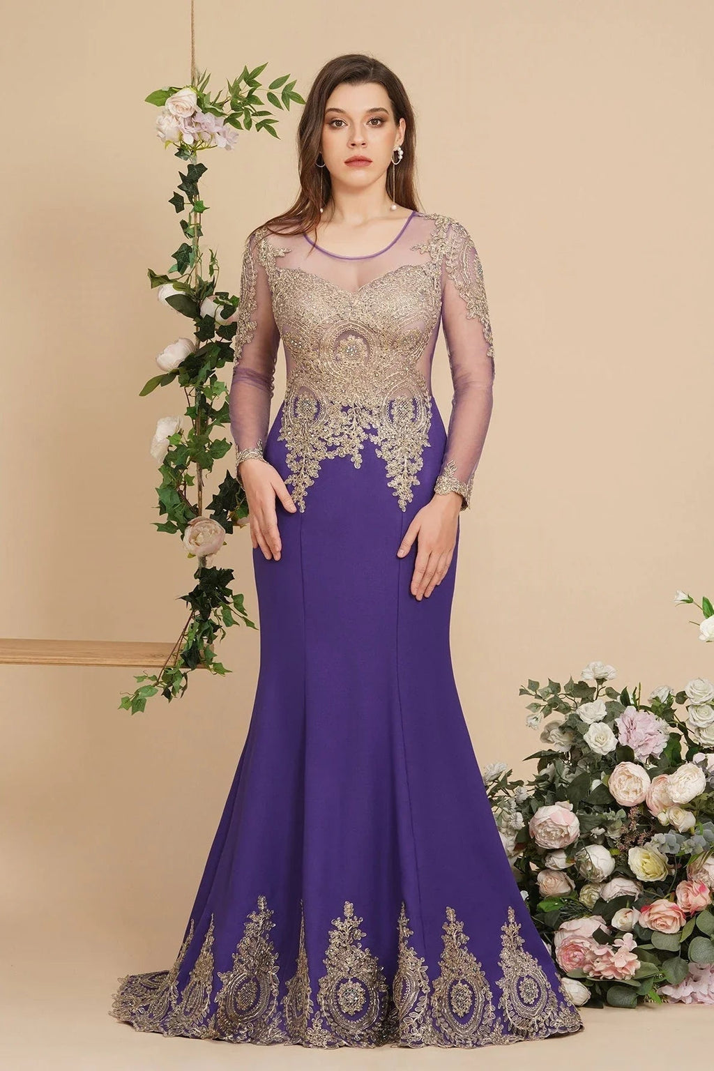 Vestidos de Baile Sereia com Aplicações de Renda Sexy e Mangas Compridas