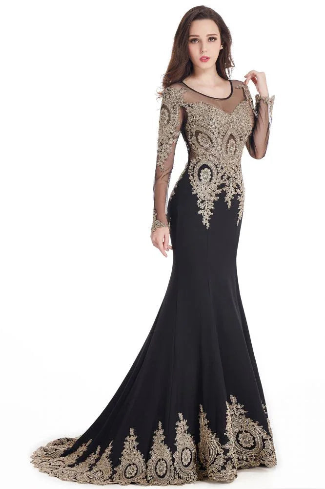 Vestidos de Baile Sereia com Aplicações de Renda Sexy e Mangas Compridas