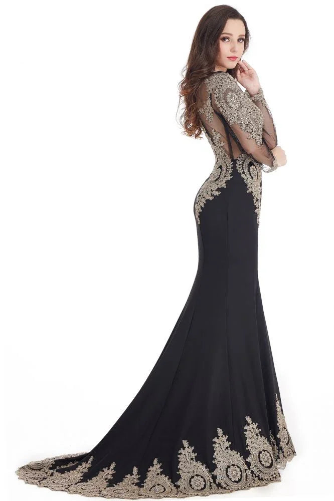 Vestidos de Baile Sereia com Aplicações de Renda Sexy e Mangas Compridas