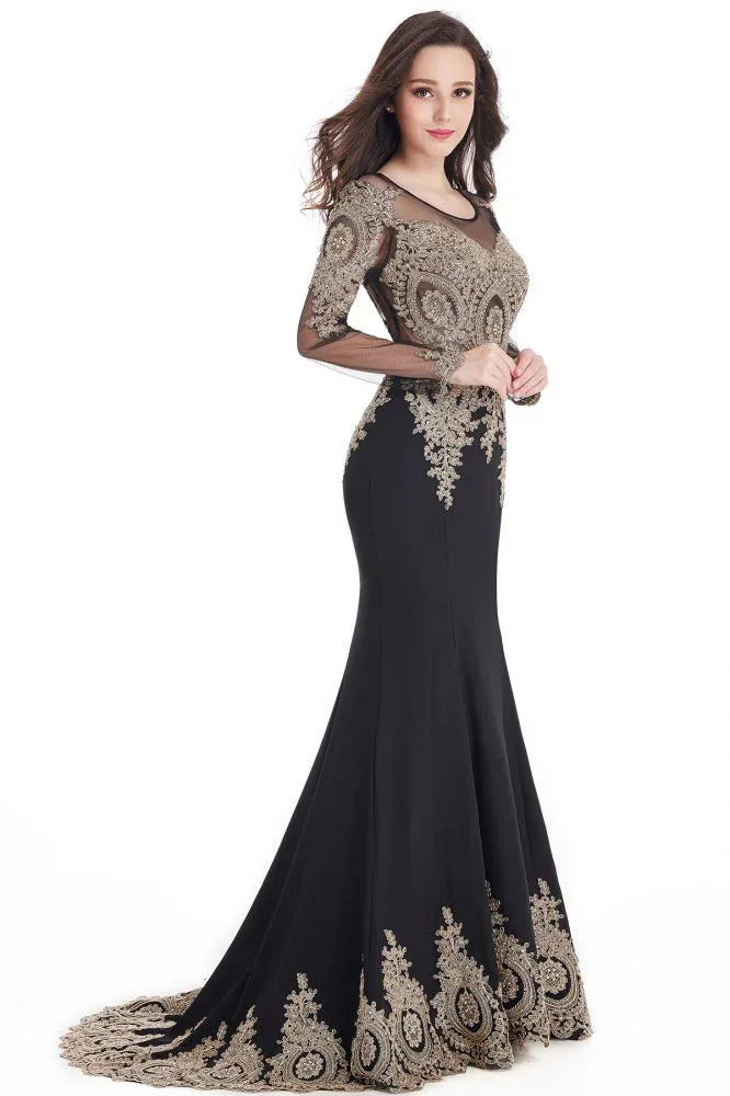 Vestidos de Baile Sereia com Aplicações de Renda Sexy e Mangas Compridas