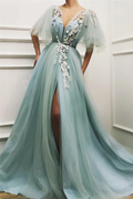 Robe de bal sexy longue en tulle, coupe évasée, décolleté plongeant en V, fente avant, avec manches