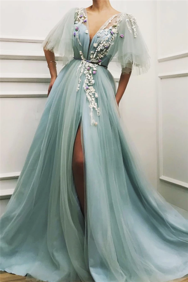 Robe de bal sexy longue en tulle, coupe évasée, décolleté plongeant en V, fente avant, avec manches