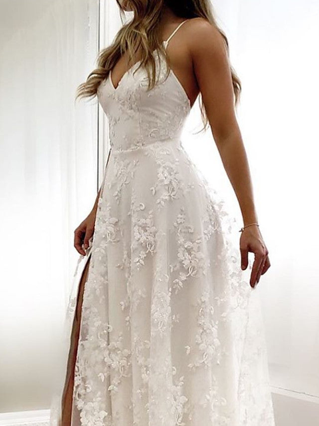 Vestido de novia sexy largo de corte A con tirantes finos, de encaje, sin espalda y con abertura