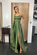 Robe de bal sexy longue en satin, coupe évasée, bretelles fines, fente avant, dos nu avec poches
