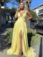 Robe de bal longue sexy en satin, coupe évasée, col en V, dos nu, fendue, formelle