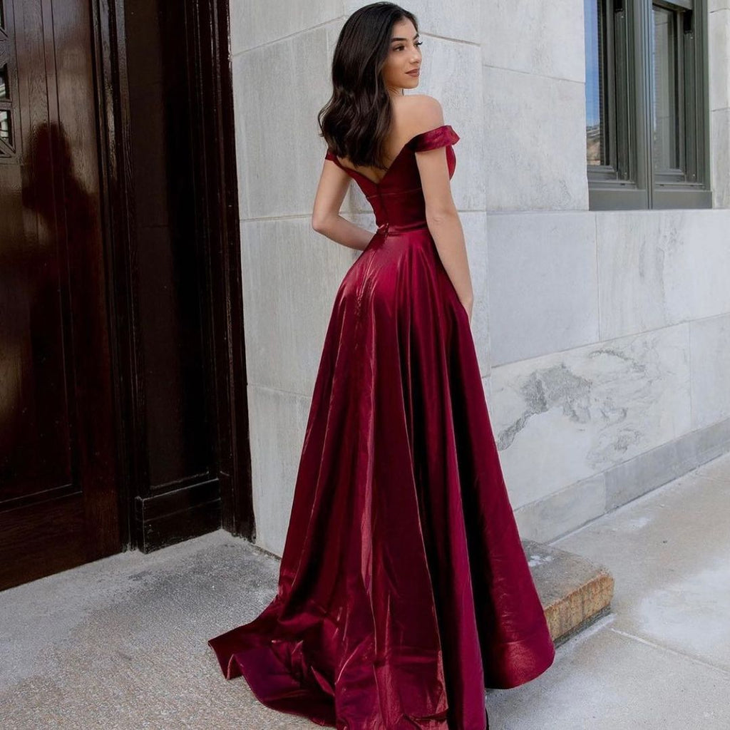 Robe de bal longue sexy en velours, coupe évasée, col en V, épaules dénudées, dos nu avec poches