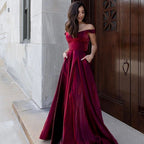 Robe de bal longue sexy en velours, coupe évasée, col en V, épaules dénudées, dos nu avec poches