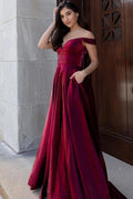 Robe de bal longue sexy en velours, coupe évasée, col en V, épaules dénudées, dos nu avec poches