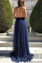 Robe de bal sexy longue en tulle à paillettes, coupe évasée, col en V et dos ouvert