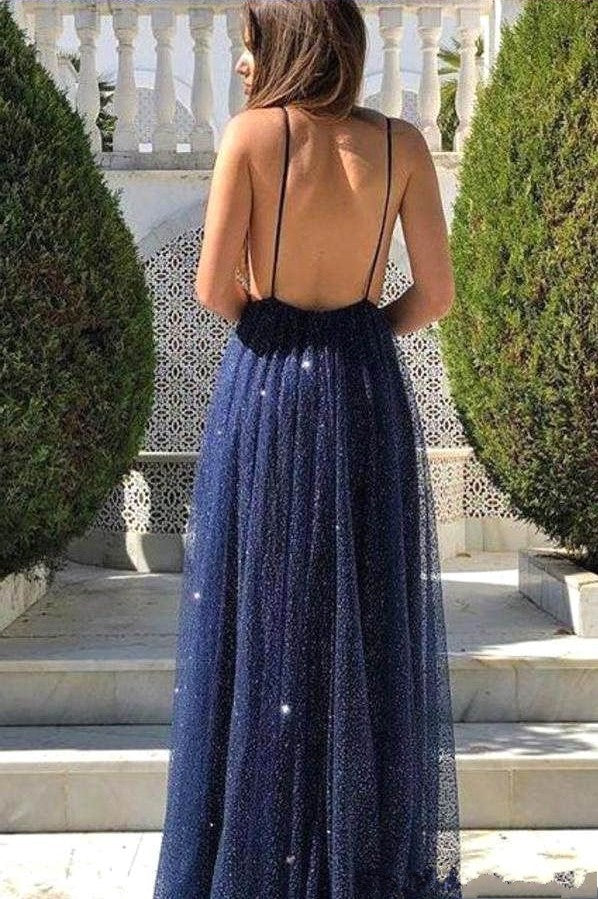 Robe de bal sexy longue en tulle à paillettes, coupe évasée, col en V et dos ouvert