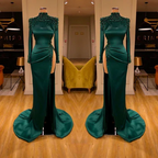 Robe de bal longue sexy vert foncé à col haut, manches longues, ornée de perles, avec fente