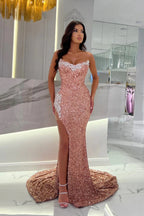 Robe de bal longue sexy rose poussiéreuse sans bretelles en dentelle pailletée avec fente
