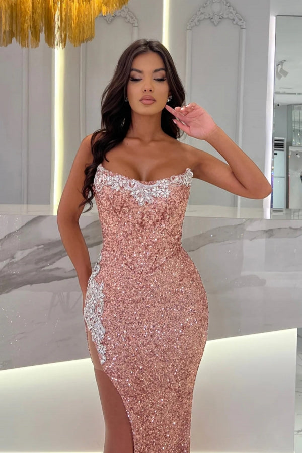 Robe de bal longue sexy rose poussiéreuse sans bretelles en dentelle pailletée avec fente