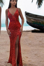 Abito da sera lungo rosso scintillante senza maniche a sirena con spacco sexy