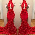 Robes de bal rouges longues sirène à fleurs avec col haut et allure séduisante