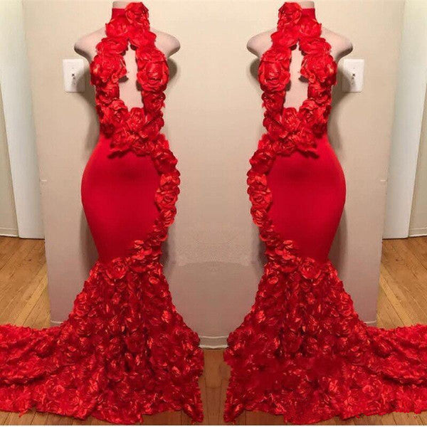 Robes de bal rouges longues sirène à fleurs avec col haut et allure séduisante