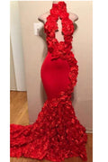 Robes de bal rouges longues sirène à fleurs avec col haut et allure séduisante