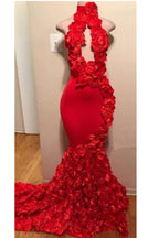 Robes de bal rouges longues sirène à fleurs avec col haut et allure séduisante