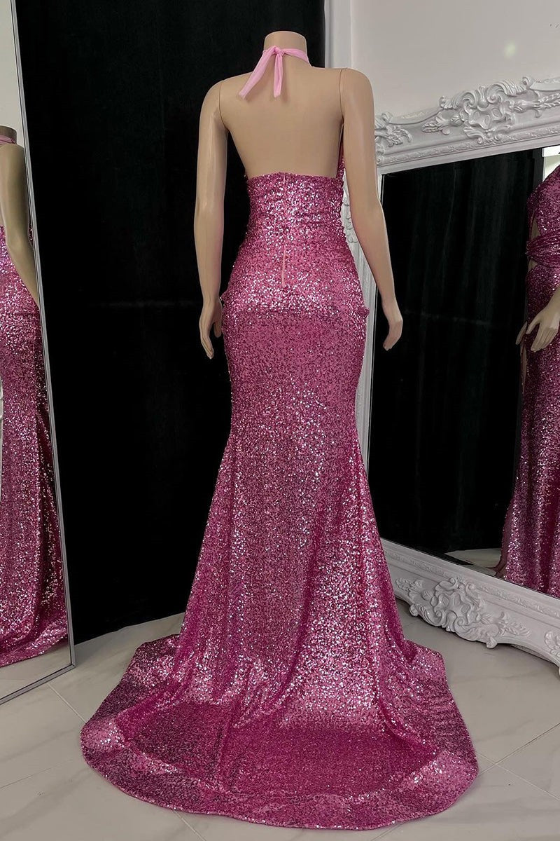 Robe de bal longue sirène sexy à col haut, sans manches, ornée de paillettes, avec fente