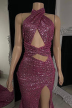 Robe de bal longue sirène sexy à col haut, sans manches, ornée de paillettes, avec fente