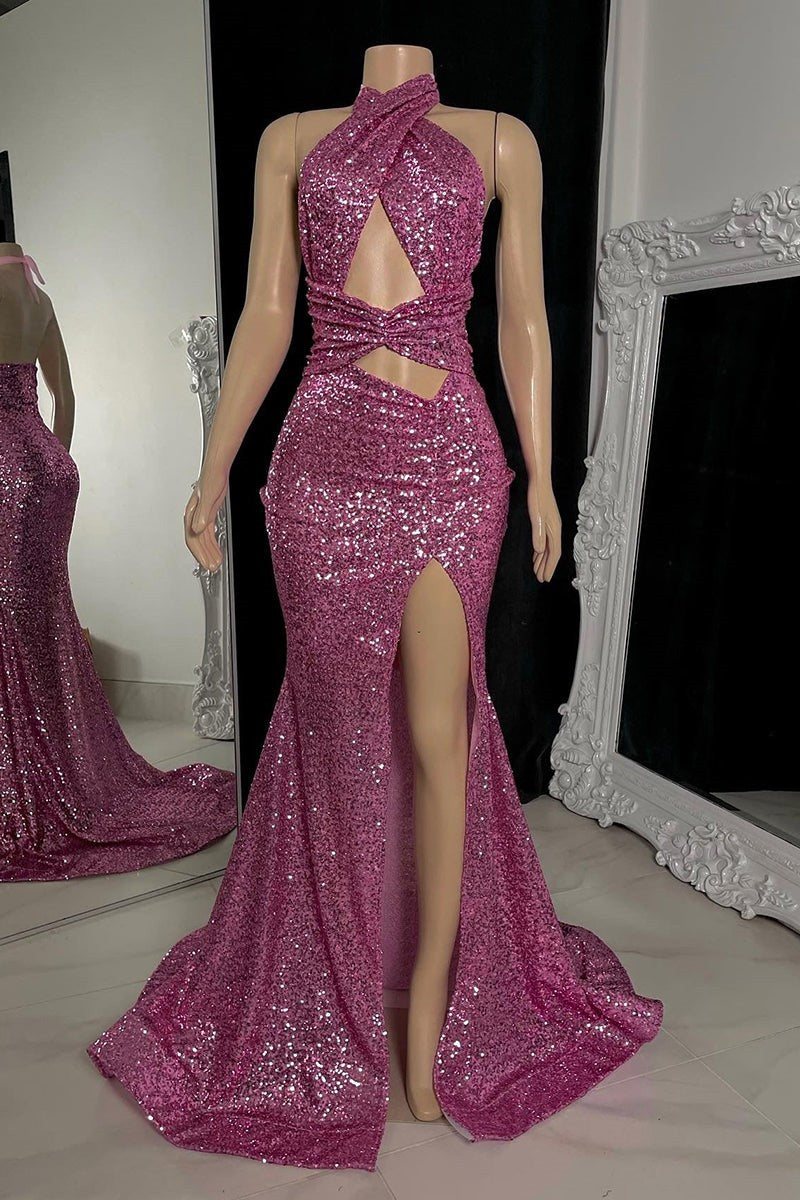 Robe de bal longue sirène sexy à col haut, sans manches, ornée de paillettes, avec fente