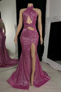 Robe de bal longue sirène sexy à col haut, sans manches, ornée de paillettes, avec fente