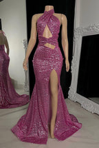 Robe de bal longue sirène sexy à col haut, sans manches, ornée de paillettes, avec fente