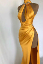 Robe de bal longue sirène sexy à col haut sans manches avec fente