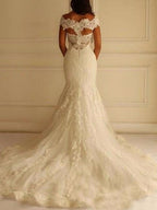 Vestidos de novia sexys de encaje con hombros descubiertos y corte sirena largo