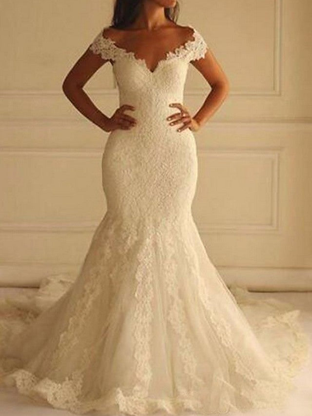 Vestidos de novia sexys de encaje con hombros descubiertos y corte sirena largo